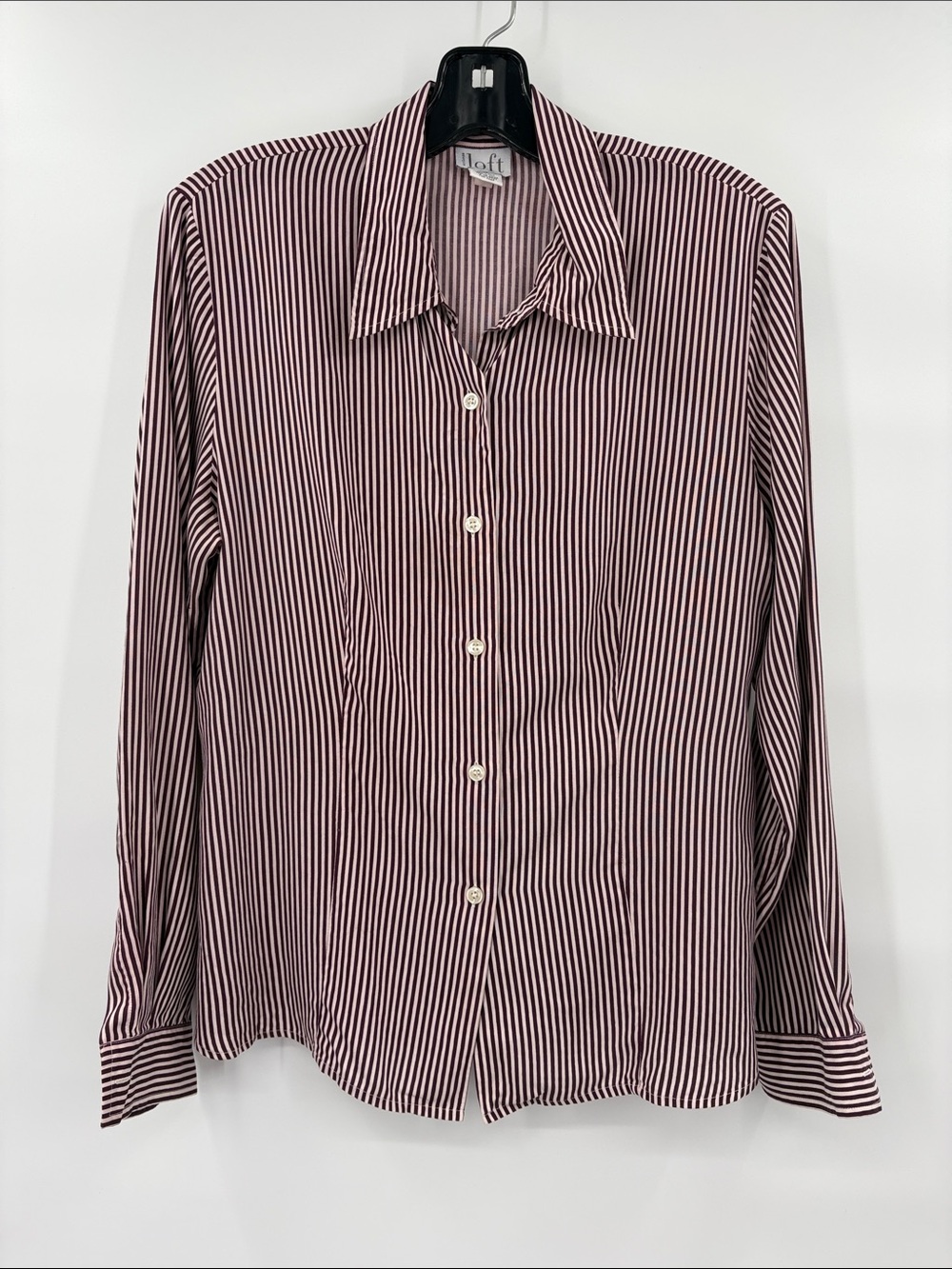Ann Taylor Loft Women’s Burgundy and White 100% Silk Vertical Stripe Shirt 12